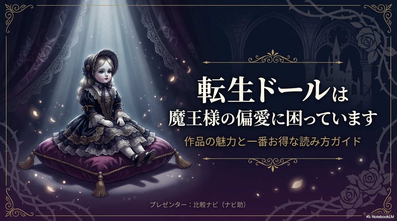 マンガ『転生ドールは魔王様の偏愛に困っています』の作品紹介と一番お得な読み方ガイドのスライド表紙画像。