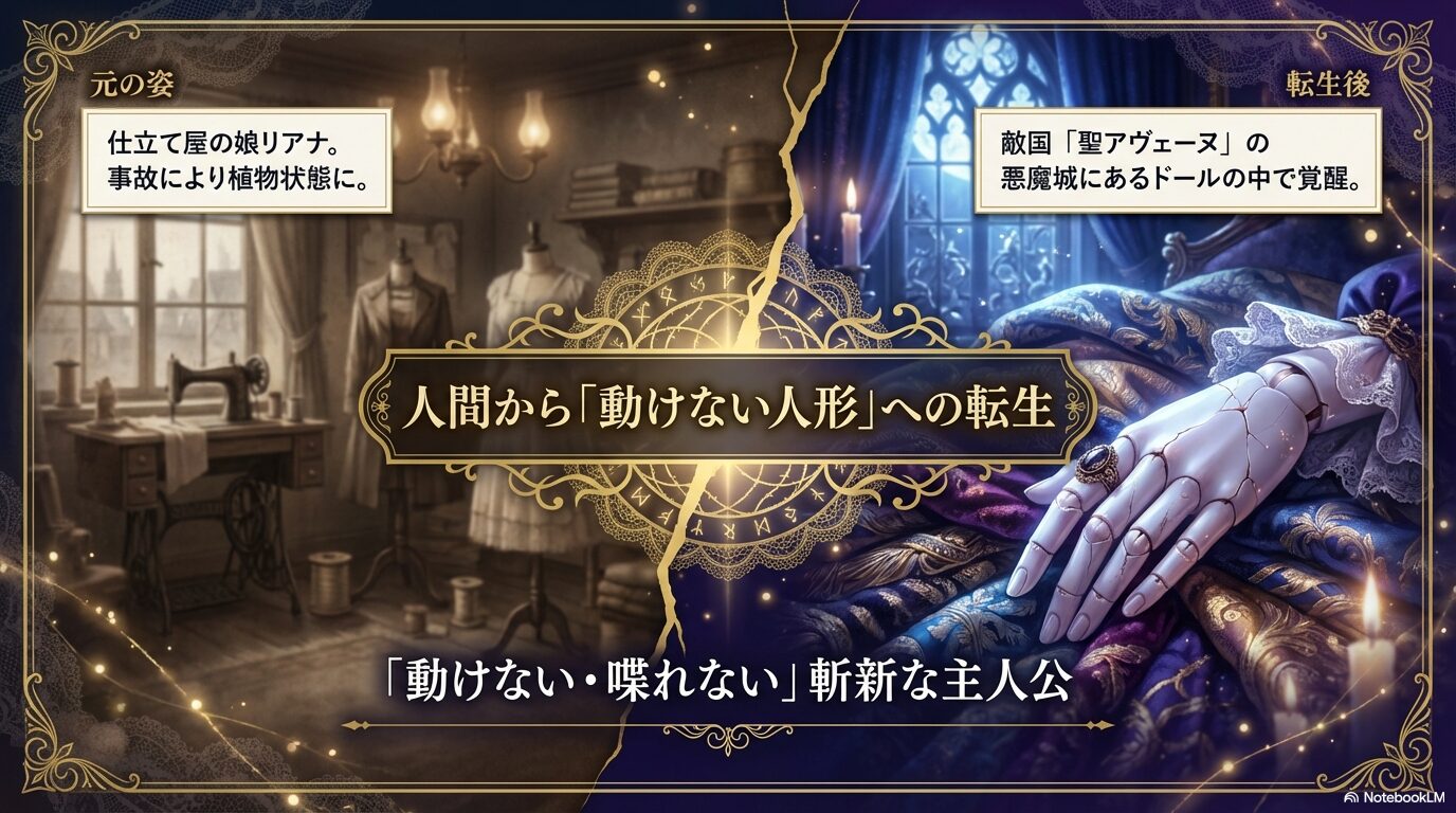 仕立て屋の娘リアナが事故で植物状態になり、敵国の悪魔城にあるドールの中で目覚めるという転生設定の解説スライド。