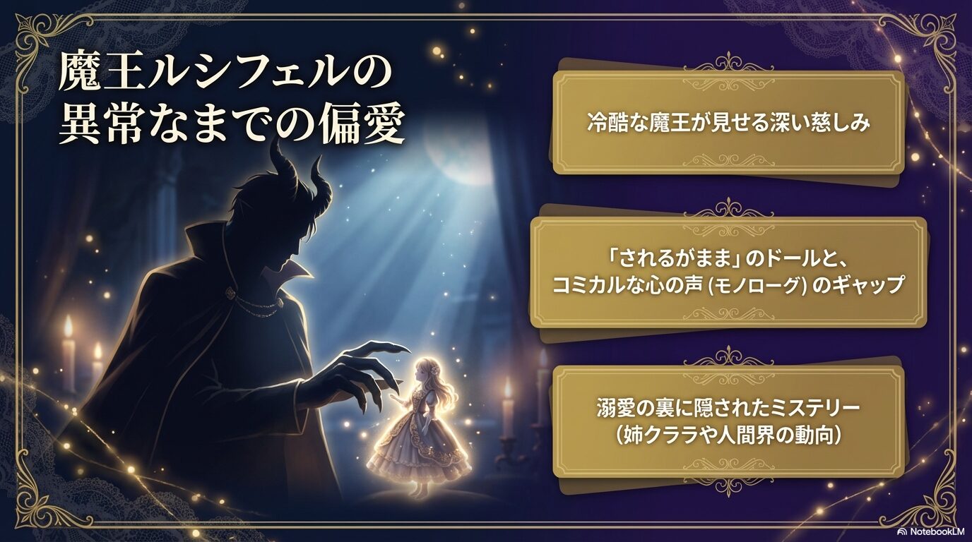 魔王ルシフェルの異常な偏愛と、されるがままのドールとコミカルな心の声のギャップ、溺愛の裏のミステリーを説明するスライド。