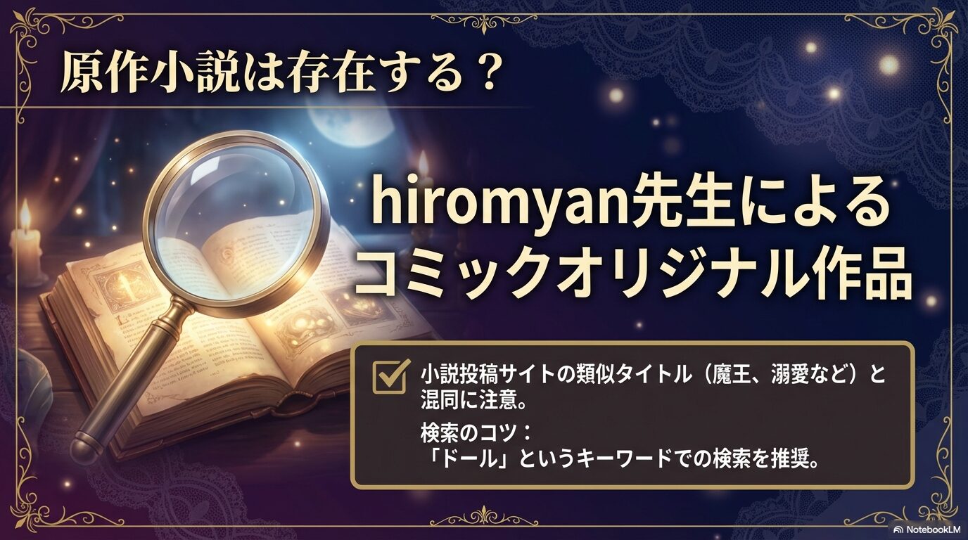 本作がhiromyan先生によるコミックオリジナル作品であることと、類似タイトルとの混同に注意し「ドール」で検索することを推奨するスライド。