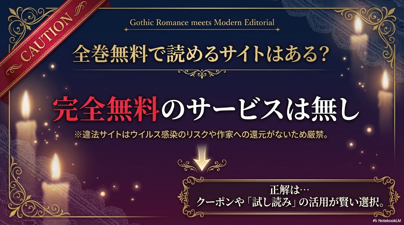 完全無料サービスはないこと、違法サイトのリスク、クーポンや試し読みを活用するのが賢い選択であることを伝えるスライド。