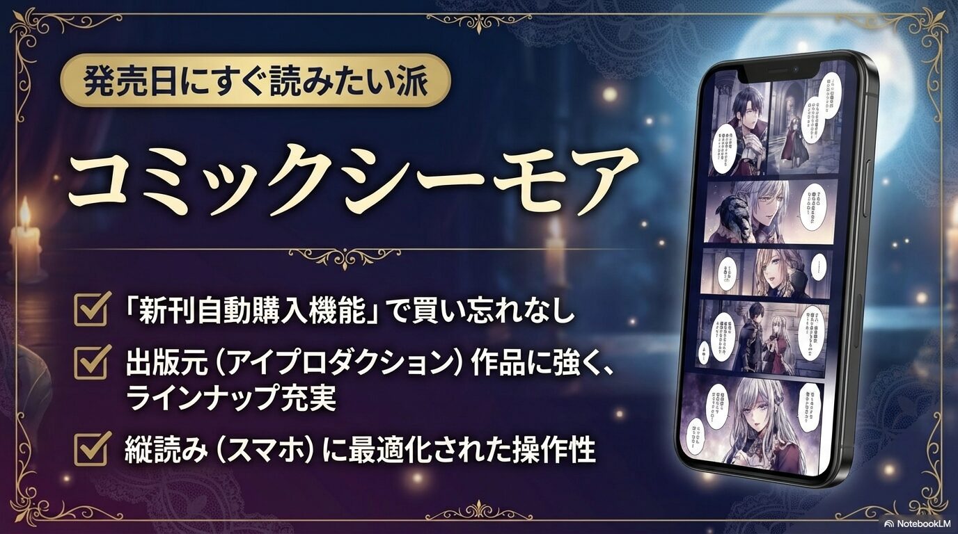 新刊自動購入機能や縦読みに最適化された操作性など、コミックシーモアのメリットを解説するスライド。