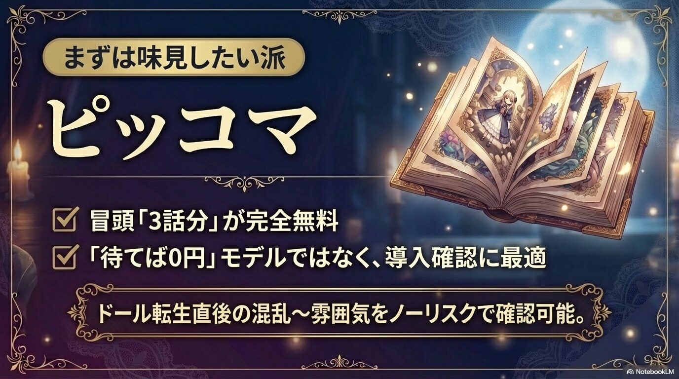 冒頭3話分が完全無料で、ドール転生直後の雰囲気をノーリスクで確認できるピッコマの魅力を伝えるスライド。