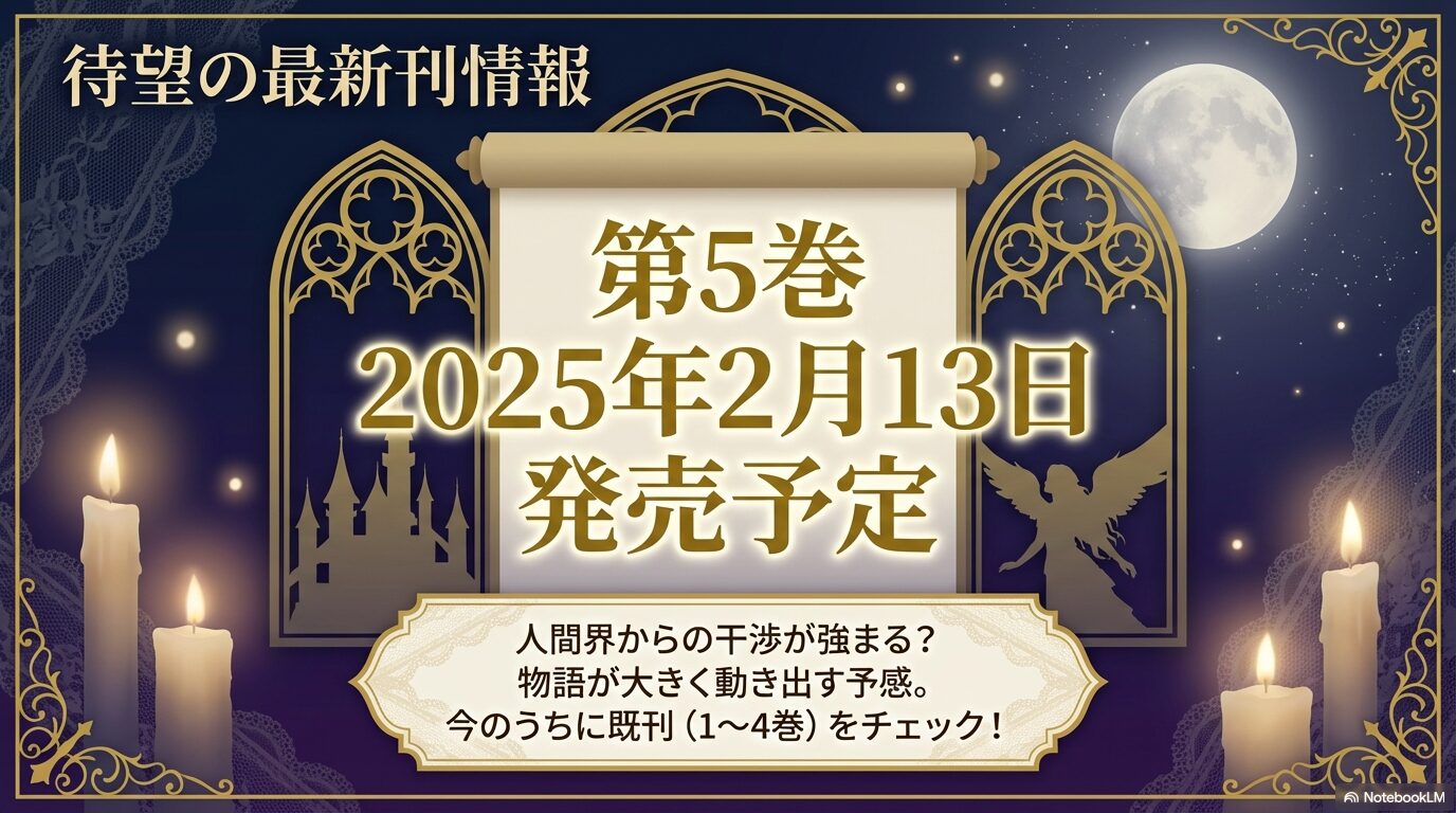 第5巻が2025年2月13日に発売予定であることと、物語が大きく動き出す予感を伝えるスライド。
