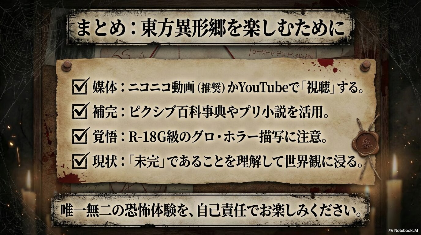 媒体は動画、百科事典での補完、R-18G描写への覚悟、未完の理解など、東方異形郷を楽しむためのまとめスライド。