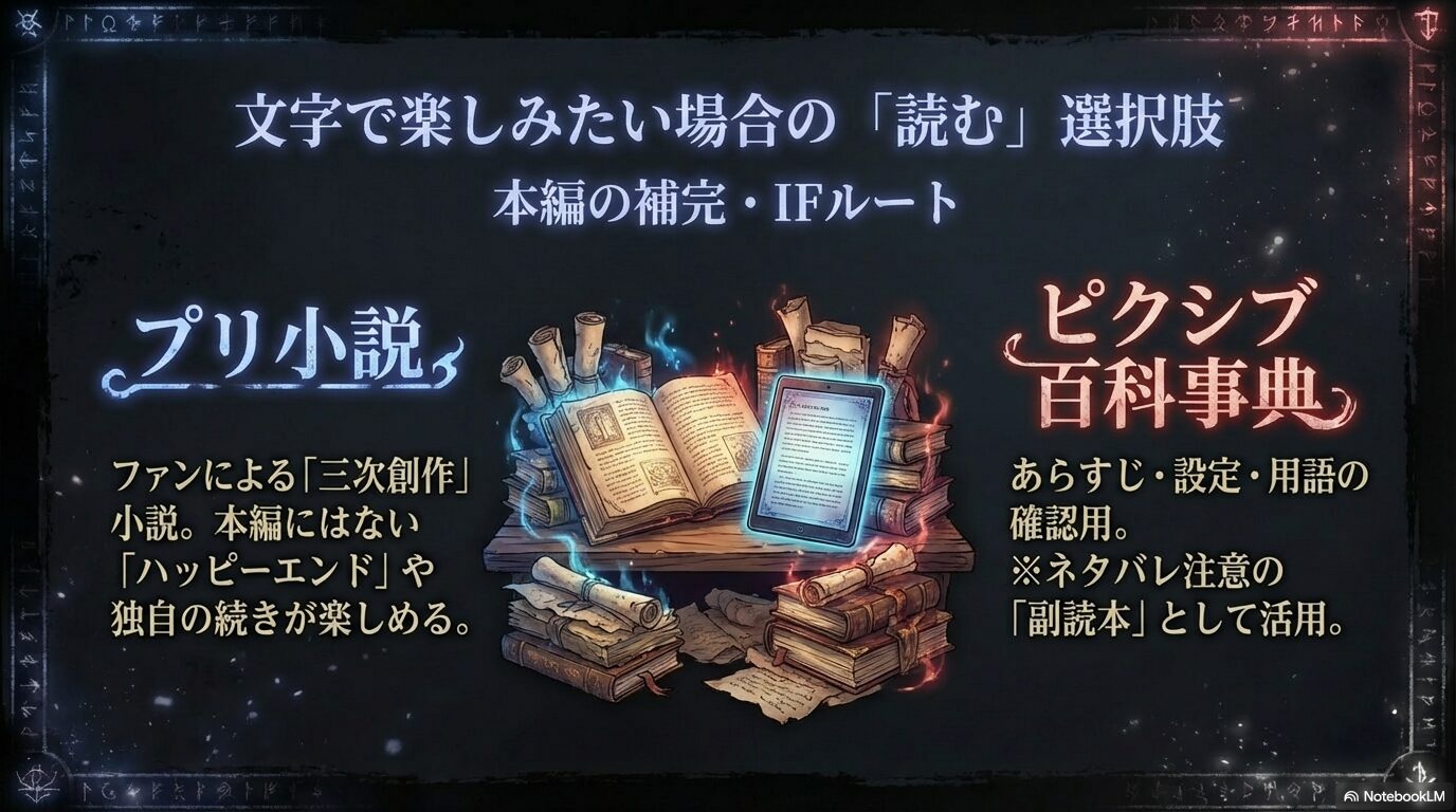 三次創作小説を楽しめる「プリ小説」と、設定や用語を確認できる「ピクシブ百科事典」の活用法をまとめたスライド。