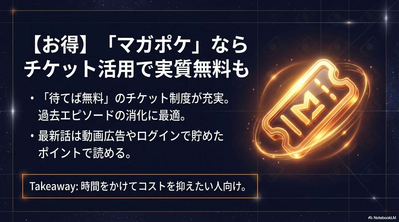 マガポケのチケットやポイントを使って宇宙兄弟をコストを抑えて読む方法を説明するスライド