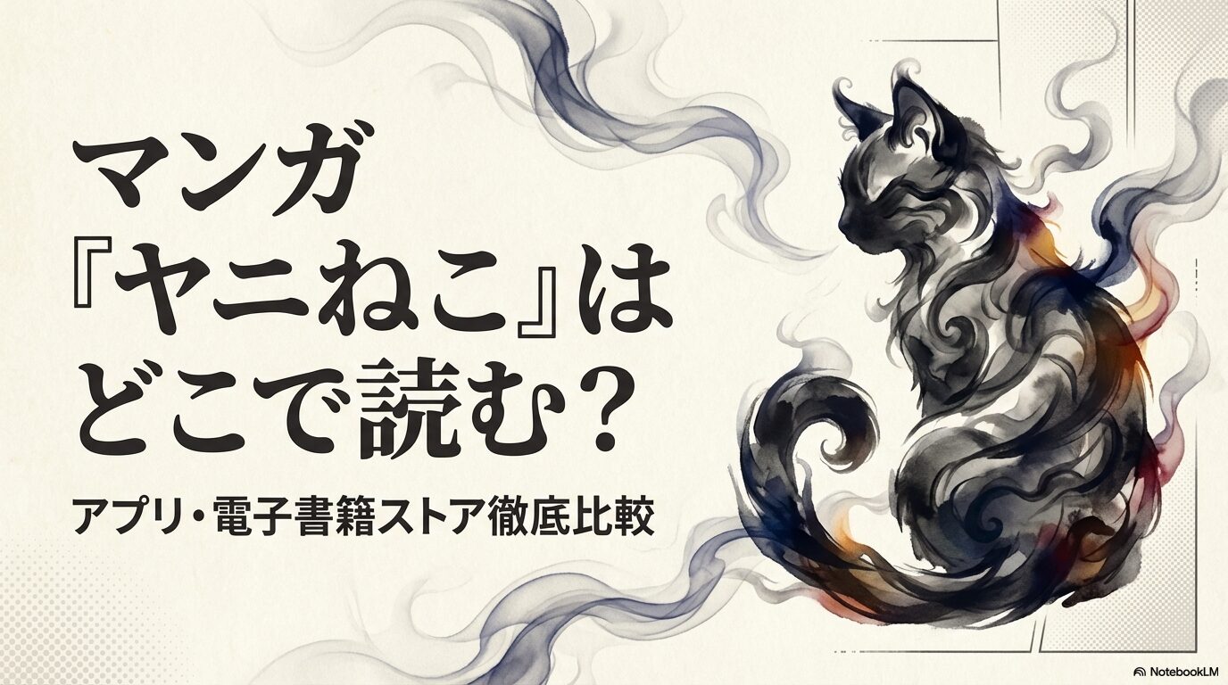 代替テキスト: 漫画「ヤニねこ」をどこで読むべきか、アプリや電子書籍ストアの徹底比較をテーマにした解説スライドのタイトル画像。