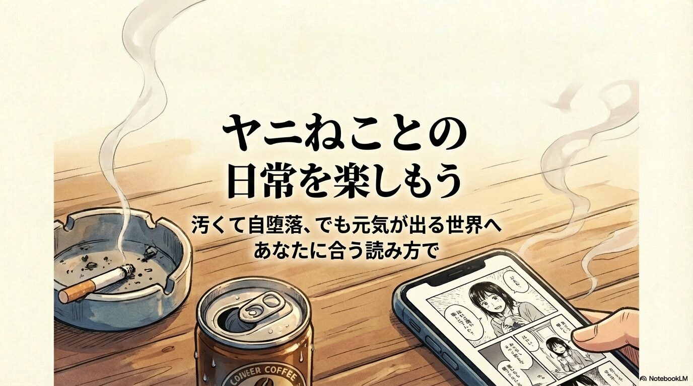 ヤニねことの日常を楽しもう」というメッセージとともに、作品の自堕落で元気が出る世界観を表現したクロージングスライド。