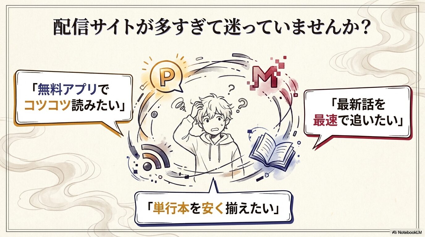 : 配信サイトが多すぎて迷っている読者に向けて、無料・安さ・速さの3つのニーズを提示するイラストスライド。