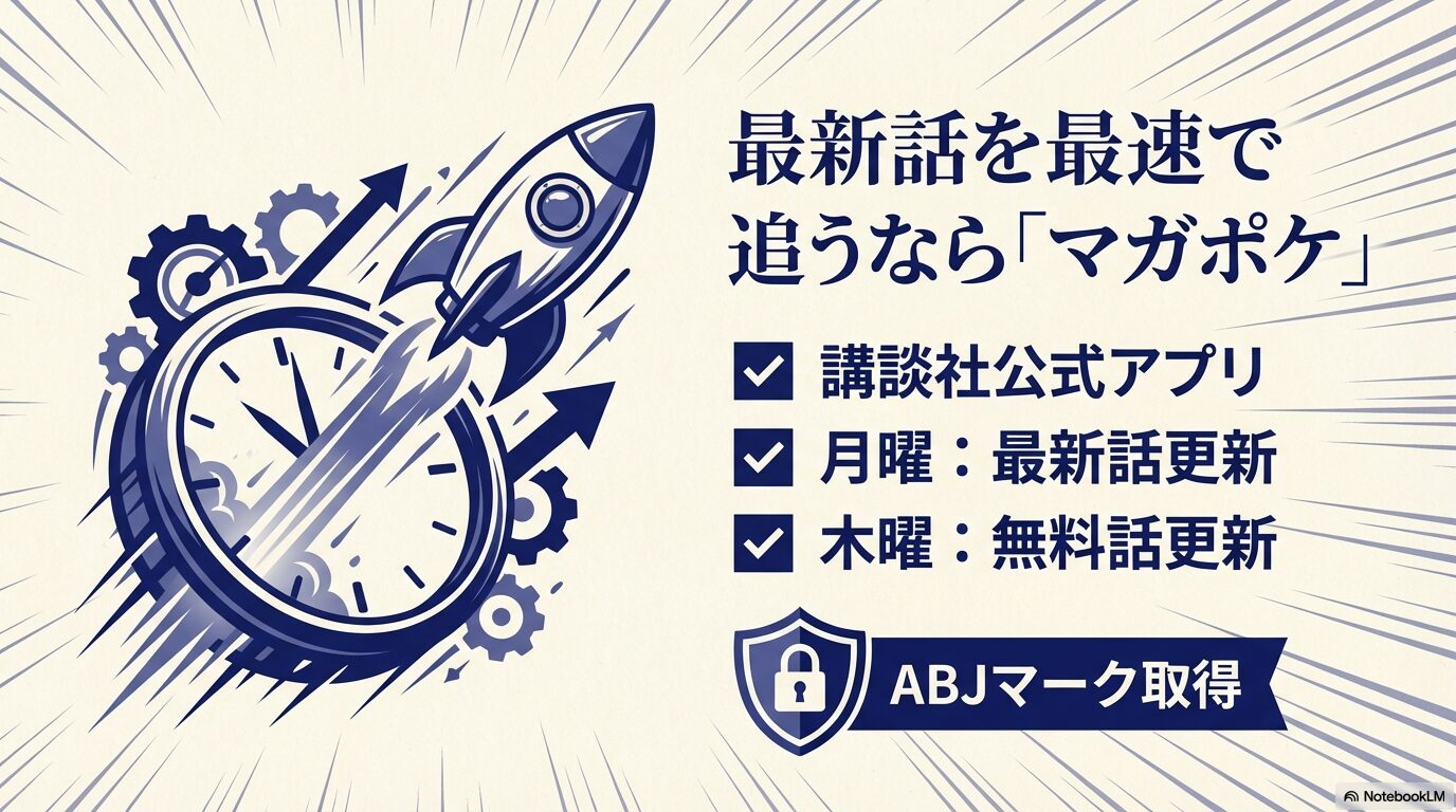 マガポケでヤニねこが月曜日に最新話、木曜日に無料話が更新されるスケジュールとABJマーク取得の安心感を説明するスライド。