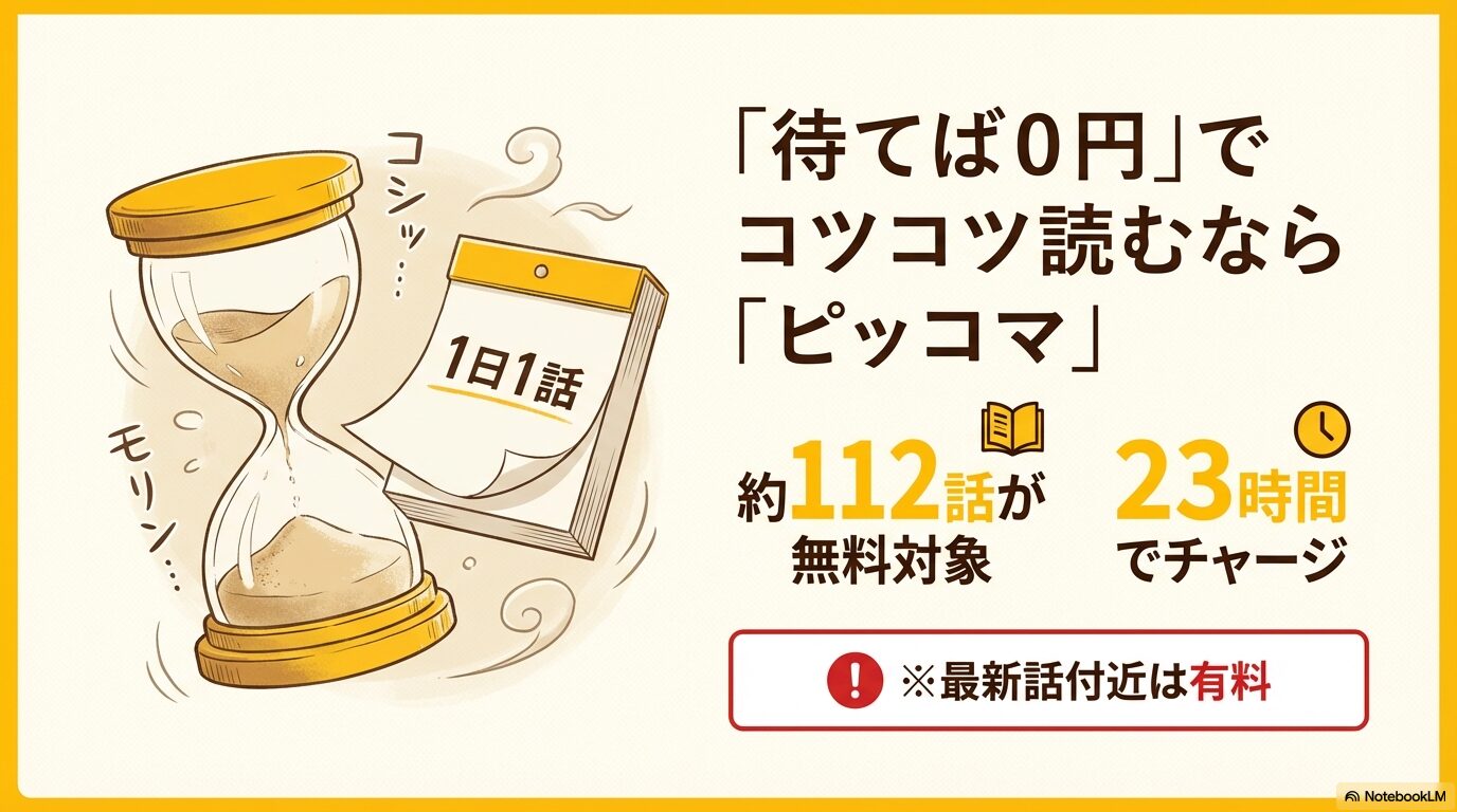 ピッコマでヤニねこ約112話が23時間ごとのチャージで「待てば0円」になる仕組みを解説するスライド。
