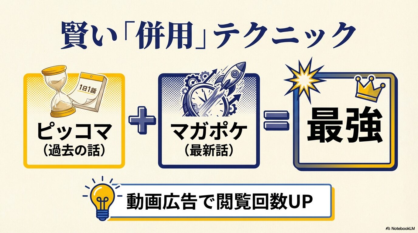過去の話はピッコマ、最新話はマガポケで読むという、ヤニねこを無料で読み進めるための最強併用テクニックを解説したスライド。