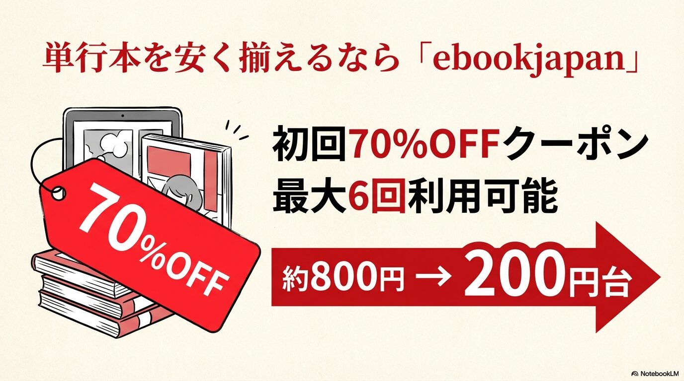 ebookjapanの初回70%OFFクーポンを最大6回利用して、ヤニねこの単行本を安く揃える方法を紹介するスライド。