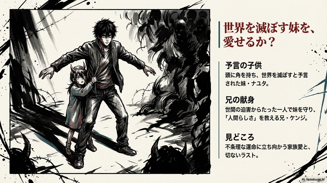 世界を滅ぼすと予言された妹ナユタと、彼女を守る兄ケンジのイラストおよび物語の見どころ紹介。