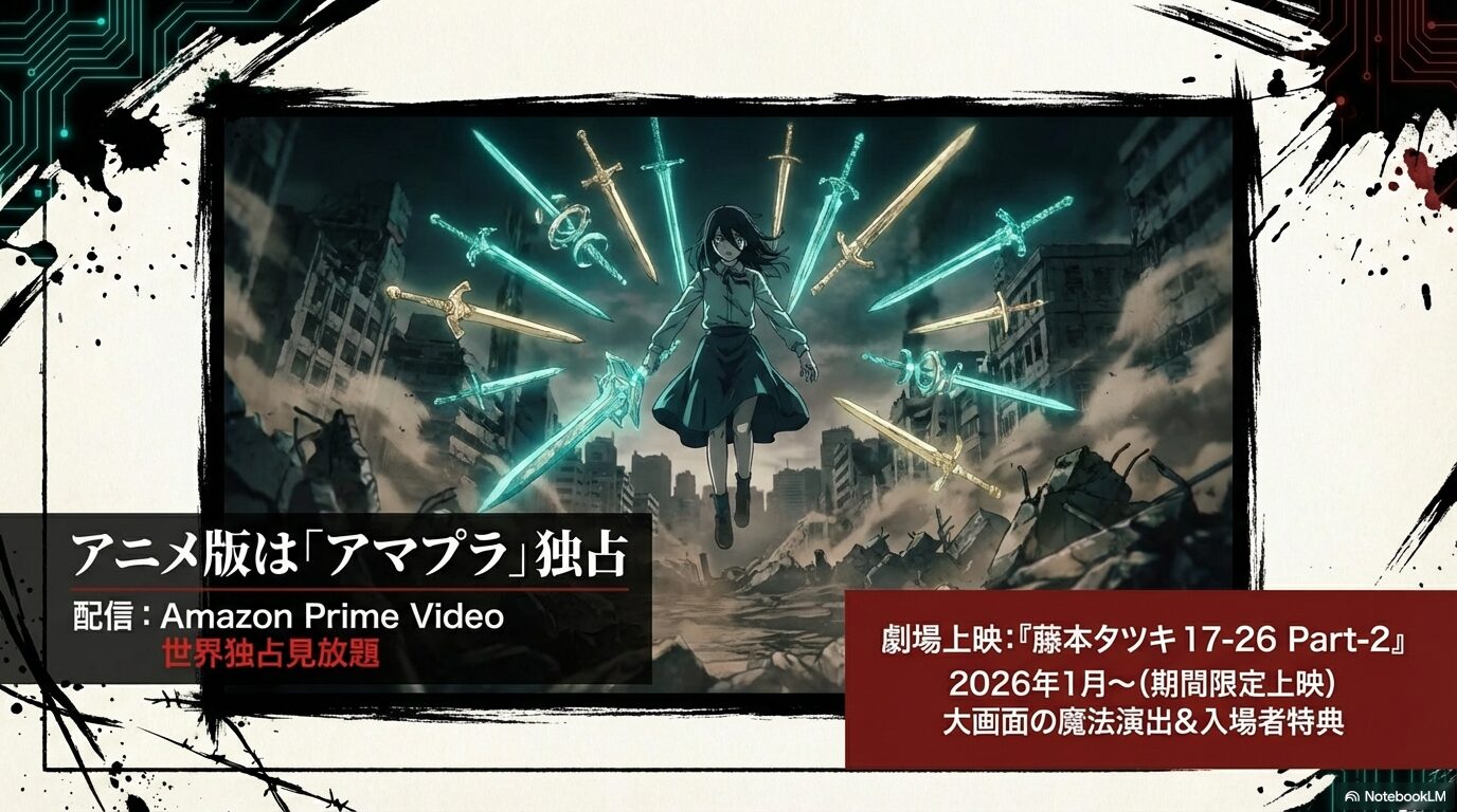 Amazon Prime Videoでの世界独占見放題配信と、2026年1月からの劇場上映『藤本タツキ 17-26 Part-2』の告知スライド。