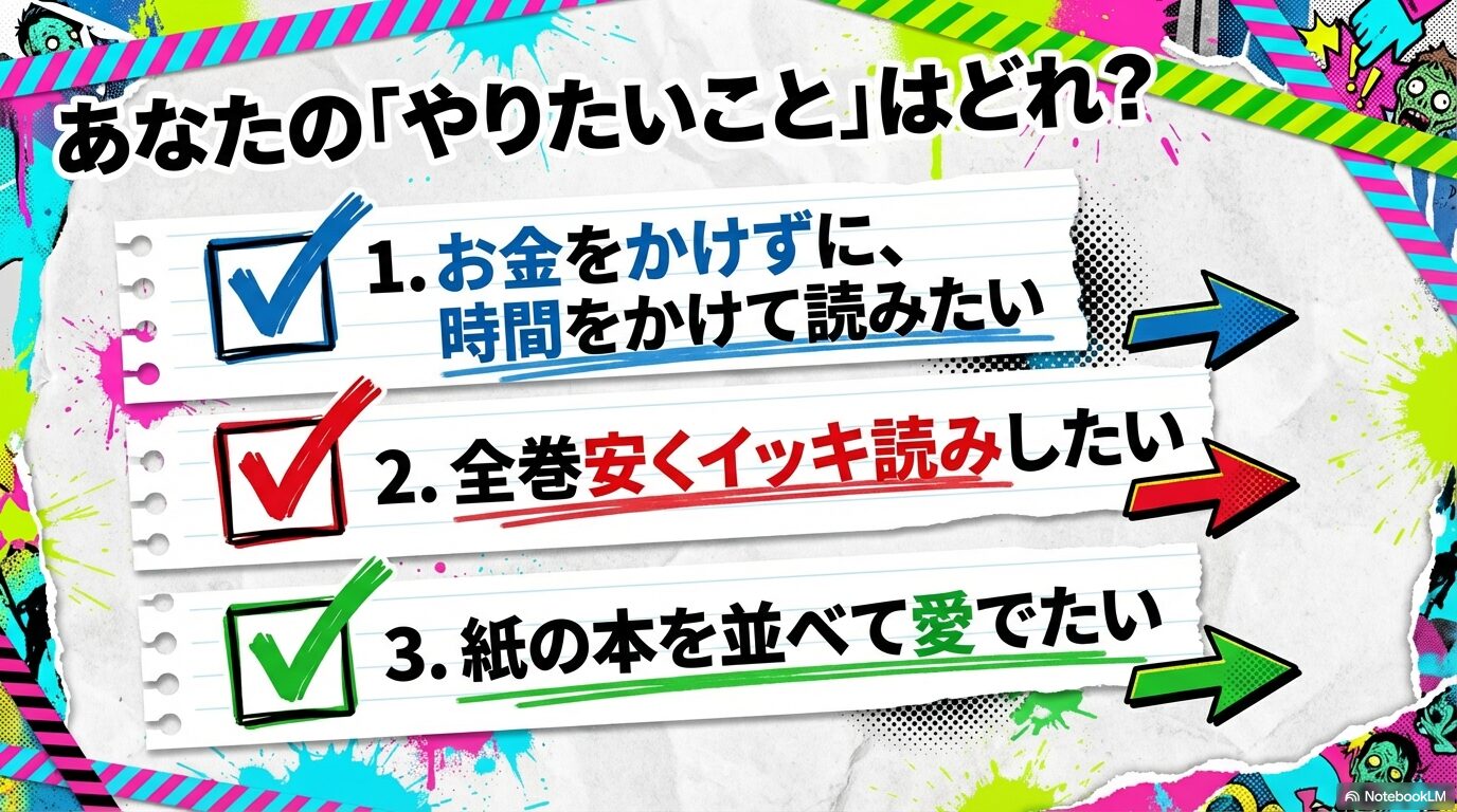 お金をかけずに読みたい、全巻安くイッキ読みしたい、紙の本を並べたいといった読者の目的別選択肢のスライド 
+2