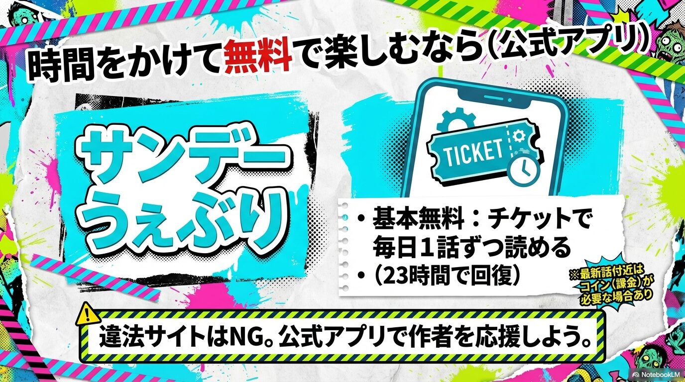 毎日1話ずつ23時間で回復するチケットを使ってゾン100を無料で読む仕組みの図解スライド