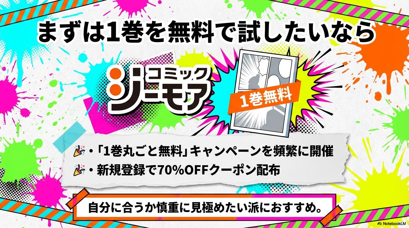1巻丸ごと無料キャンペーンや新規登録70%OFFクーポンなど、慎重に作品を見極めたい派向けのスライド
