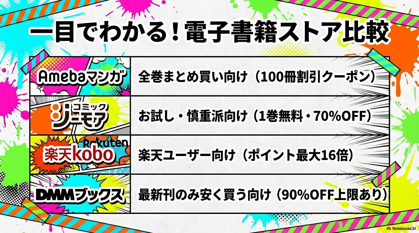 Amebaマンガ、コミックシーモア、楽天Kobo、DMMブックスの各ストアの特徴をまとめた比較スライド