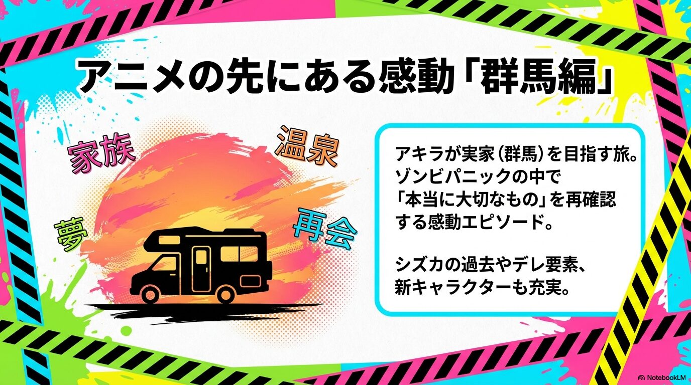 実家への旅で本当に大切なものを再確認する群馬編の感動ポイントや新キャラ充実を伝えるスライド